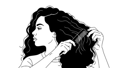 Flat vector illustration of a woman with curly hair combing her hair, diversity and natural beauty concept, inclusive design, modern flat style, soft color palette