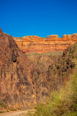 Charyn Canyon, Valley of Castles. The excellence of Kazakhstan. Panorama of natural unusual landscape. The red canyon of extraordinary beauty looks like a Martian landscape.