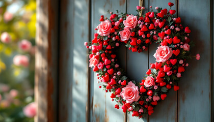 Valentine wreath made of tiny hearts and artificial flowers