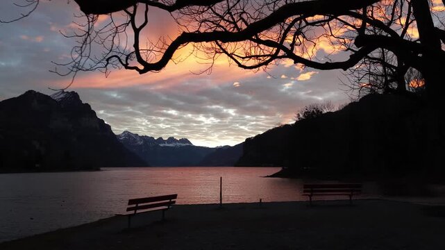 Lateral drone shot over Walensee lake at sunset framed by tree branches.