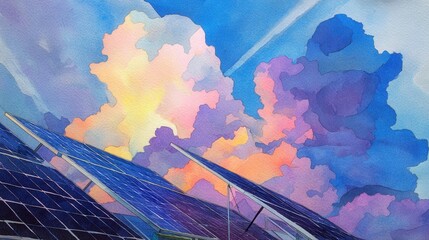 Watercolor solar panels against vibrant colorful sky