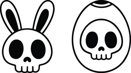 Creepy Easter bunny skull skeleton head inside egg gothic pagan theme dark magic aesthetic outline drawing. Spooky spring season witch animal black illustrations clipart sticker design bundle pack.