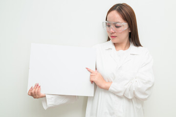 Portrait of Asian female research scientist against white background showing copy space