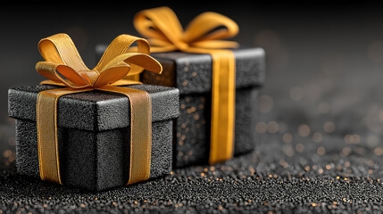 Festive sale banner with black gift boxes golden ribbons and copy space for promotional text