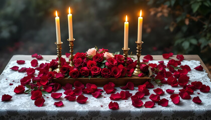 Valentine-themed table centerpiece with candles, petals, and lace cloth