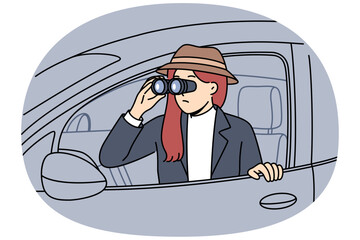 Woman detective secretly spies on boyfriend, looking out of car with binoculars in hands, due to lack trust in relationship. Detective conducts investigation, looking for evidence person dishonesty.