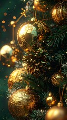 Close-up of golden Christmas ornaments and pine needles on a tree baubles