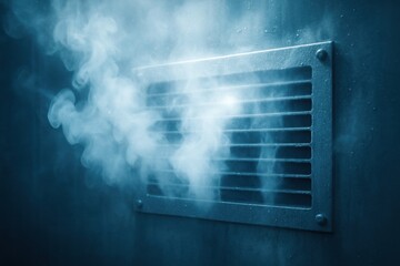 Cold chain logistics warehouse logistic. Steam coming out of metal vent on wall creating mysterious and cold atmosphere in blue tones