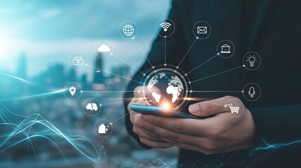 Man holding smartphone with global network of icons connecting to the earth, representing connectivity.