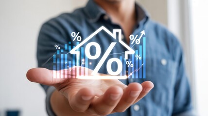 Man holding a glowing house icon with percentage signs and rising bar graphs in his palm.