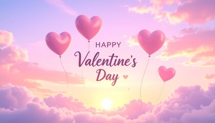 Heart-shaped balloons floating in pastel sky with Happy Valentine's Day text at sunset with fluffy clouds in soft, dreamy, romantic illustration style.