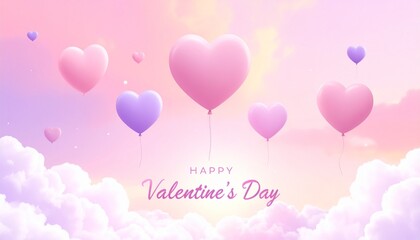 Heart-shaped balloons floating amidst fluffy white clouds against soft pink and purple pastel background with 'Happy Valentine's Day' text, 3D rendered illustration.