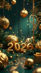 Gold 2026 numbers amidst Christmas ornaments and pine needles on dark green new year