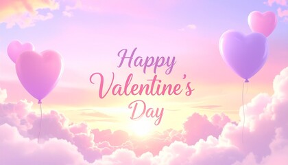 Romantic Valentine's Day illustration with heart-shaped balloons floating among fluffy clouds against pastel-colored sky, soft pink and purple hues, gentle, dreamy atmosphere, 3D rendering, 