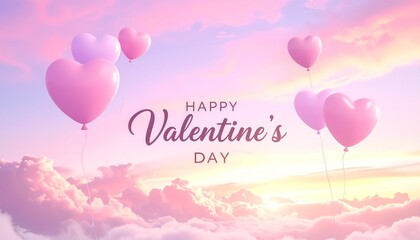 Pink heart-shaped balloons floating in pastel sky with fluffy clouds and 'Happy Valentine's Day' text, romantic and dreamy artwork for love and celebration