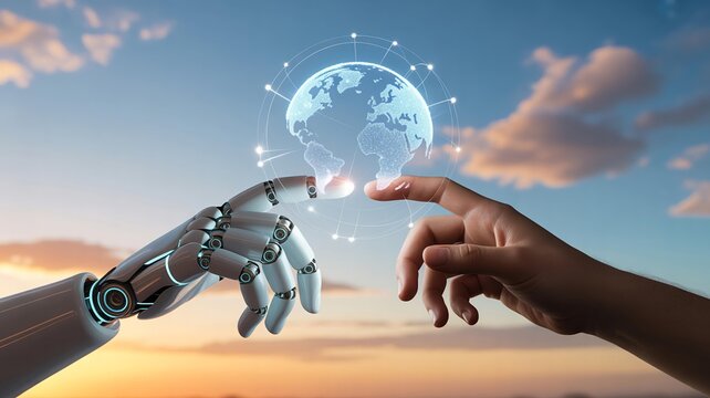 Robot and human hand touch a glowing digital globe, symbolizing AI and global connection - Powered by Adobe