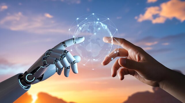 Robot and human hands touching a glowing digital globe with network connections at sunset - Powered by Adobe
