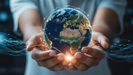 Hands holding glowing Earth with digital network connections, symbolizing global connectivity