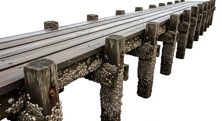 Wooden Pier Pilings Covered in Barnacles, Leading Towards the Horizon on White Background
