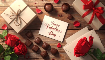 Valentine's Day celebration with gift boxes, chocolates, roses, and romantic cards on a wooden background in a rustic, vintage, and elegant artistic style