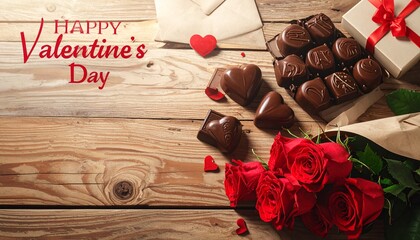 Valentine's Day celebration with chocolates and roses on a wooden table, romantic ambiance, and elegant gift wrapping, symbolizing love and affection.