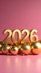 Gold 2026 numbers and spherical ornaments on a soft pink backdrop new year