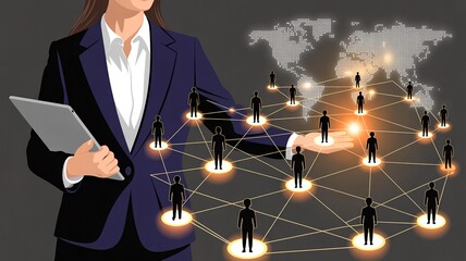 Businesswoman with tablet presenting global network of people connected on world map background