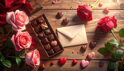 Romantic still life with roses, chocolates, and an envelope on a wooden table, captured in a warm, rustic, and intimate photographic style, ideal for Valentine's Day or anniversary themes.