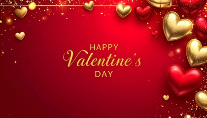 Valentine's Day greeting card with golden hearts, red background, 3D hearts, and festive bokeh lights, romantic and elegant illustration style.