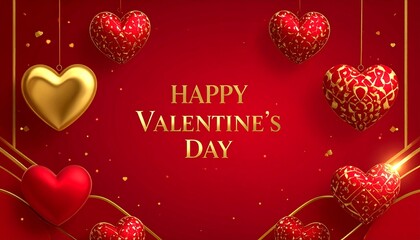 Valentine's Day greeting card with golden text, hanging heart-shaped decorations, and sparkling lights, on a red background, luxury, elegant, festive