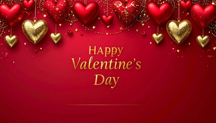 Valentine's Day greeting card with golden hearts and red ornaments in 3D rendering style, festive romance, love, and celebration concept.