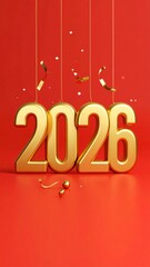 Golden 2026 Numbers Hanging with Confetti and Ribbons on Red Background new year