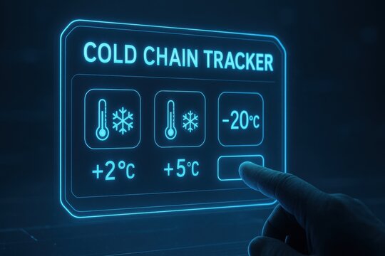 Cold chain logistics warehouse logistic. Cold chain tracker interface with temperature readings and finger pointing to screen futuristic blue