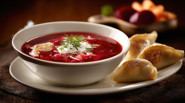 Delicious traditional red borscht beet soup served in white bowl with sour cream and fresh dill garnish alongside golden pan fried pierogi dumplings on a plate in warm restaurant lighting background