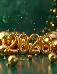 Golden 2026 numbers with Christmas ornaments and bokeh lights new year