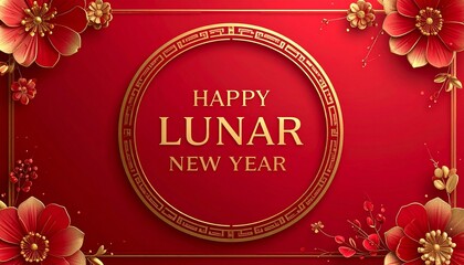 Vibrant red Chinese New Year greeting card with golden 'Happy Lunar New Year' text, elegant floral decorations, and traditional elements in a classic, ornate style.