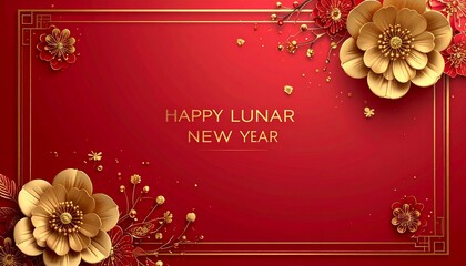 Vibrant red Chinese New Year greeting card with golden flowers and ornate frame in traditional style, festive atmosphere, celebratory tone, elegant design.