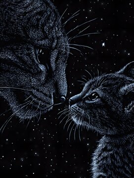 Cats Illustration Under Starry Sky
