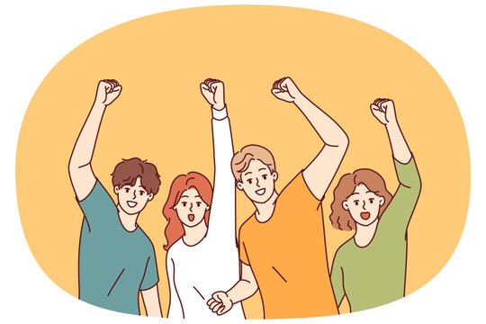 Community of joyful people celebrates victory by raising hands and shouting joyfully after achieving goals. Hurray, we won, say students rejoicing at victory in olympiad among universities