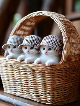 Three White Kittens in Wicker Basket