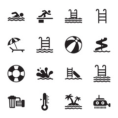 Black icons of beach and pool symbols and objects