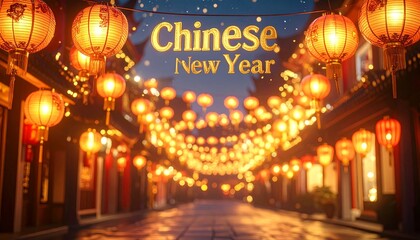 Vibrant Chinese New Year celebration with rows of hanging lanterns illuminating a dark alleyway in traditional artistic style, festive and cultural.