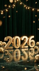 Golden 2026 numbers with festive ornaments and bokeh lights new year celebration