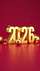 Golden 2026 Numbers with Festive Spheres and Confetti on Red Surface new year golden numbers