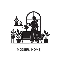 Woman watering plants in modern home interior with large window