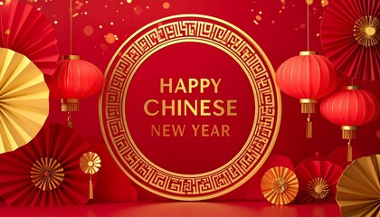 Vibrant Chinese New Year celebration with golden lanterns, auspicious red background, and ornate circular frame, symbolizing prosperity and good fortune