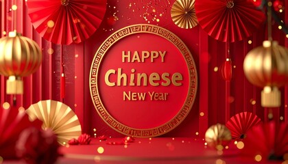 Vibrant Chinese New Year celebration illustration with red and gold lanterns, fans, and decorative elements in a festive, ornate style.