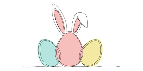 Continuous line art celebrating easter with a bunny egg. Greeting banner design with bunny and ears in simple linear style