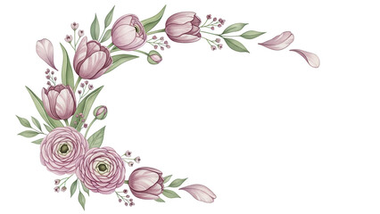 Hand painted luxury floral corner border with tulips and ranunculus in a soft mauve color scheme isolated on white background.png