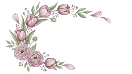 Hand painted luxury floral corner border with tulips and ranunculus in a soft mauve color scheme isolated on white background.png